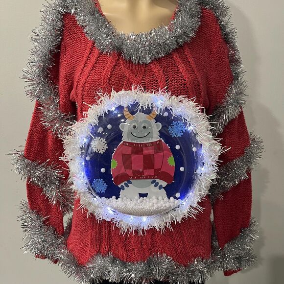 Yeti Abominable snowman snow 3D Tacky ugly woman Christmas sweater SM lights up! - Picture 9 of 10
